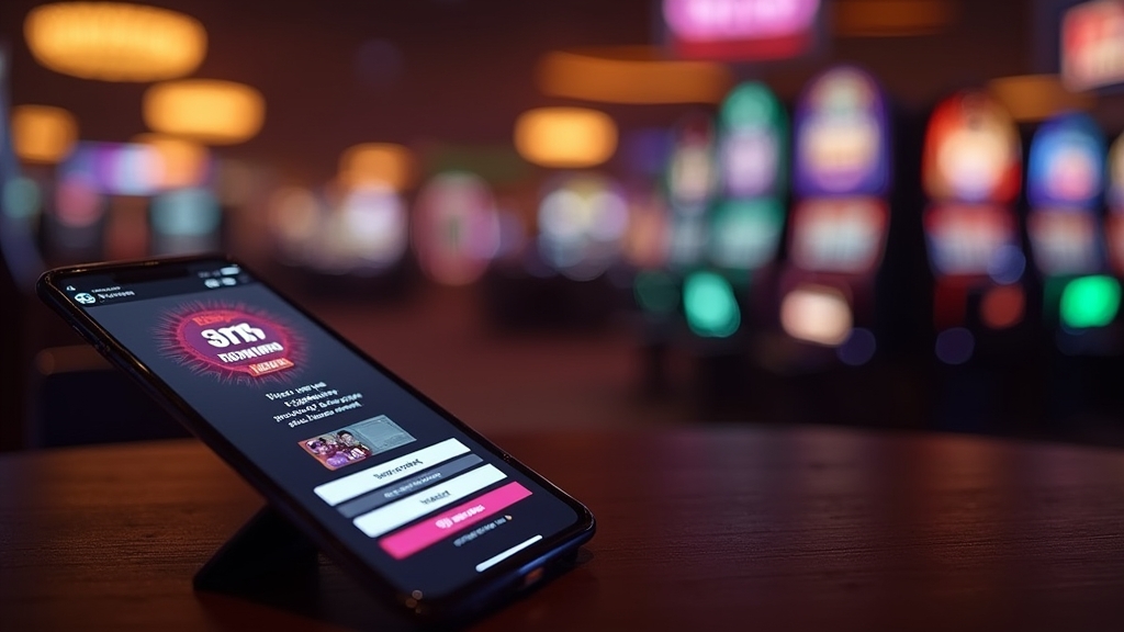 Lobby de casino com banner de bónus e telemóvel em registo de conta