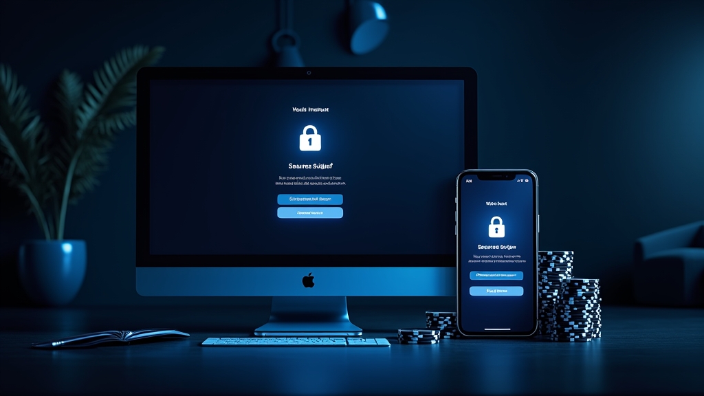 Computador e telemóvel com ecrã de acesso à conta em ambiente de casino