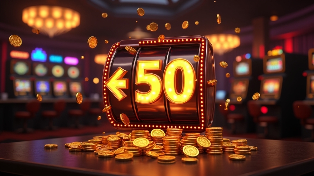 Slot machine com destaque para 50 rodadas grátis num ambiente de casino escuro