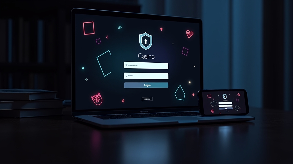 Ecrã de login seguro num portátil e telemóvel com ambiente de casino escuro