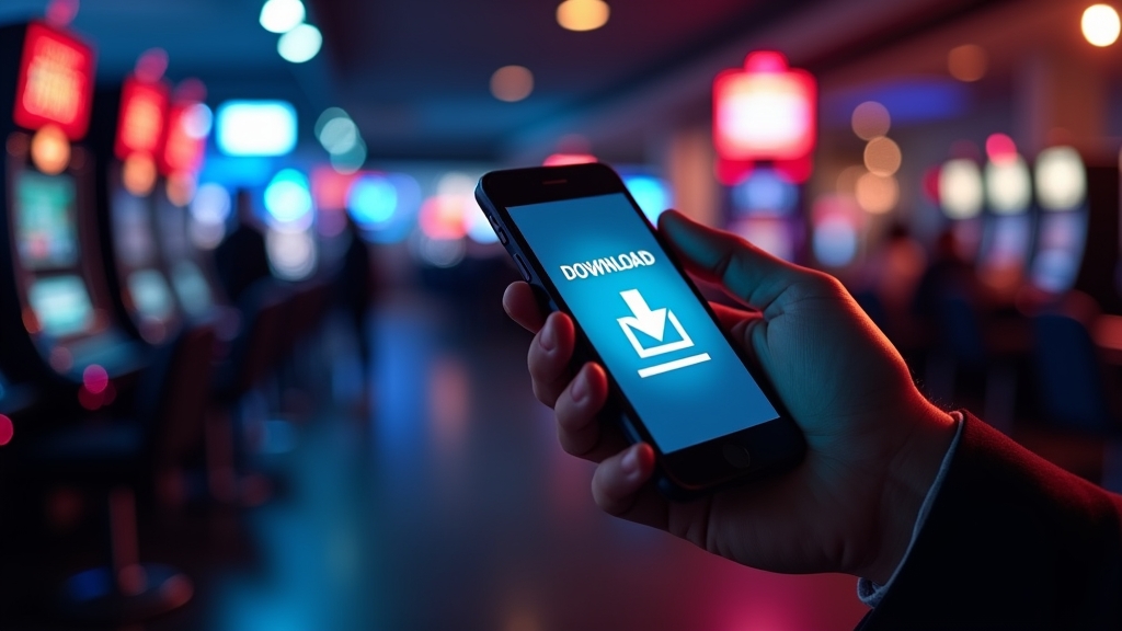 Telemóvel com ecrã de download da Twin Casino app num ambiente de casino escuro